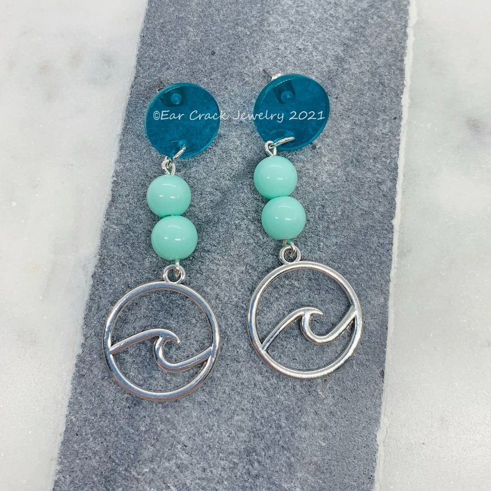 Handmade - Blue and Silver Ocean Wave Dangle Earrings
